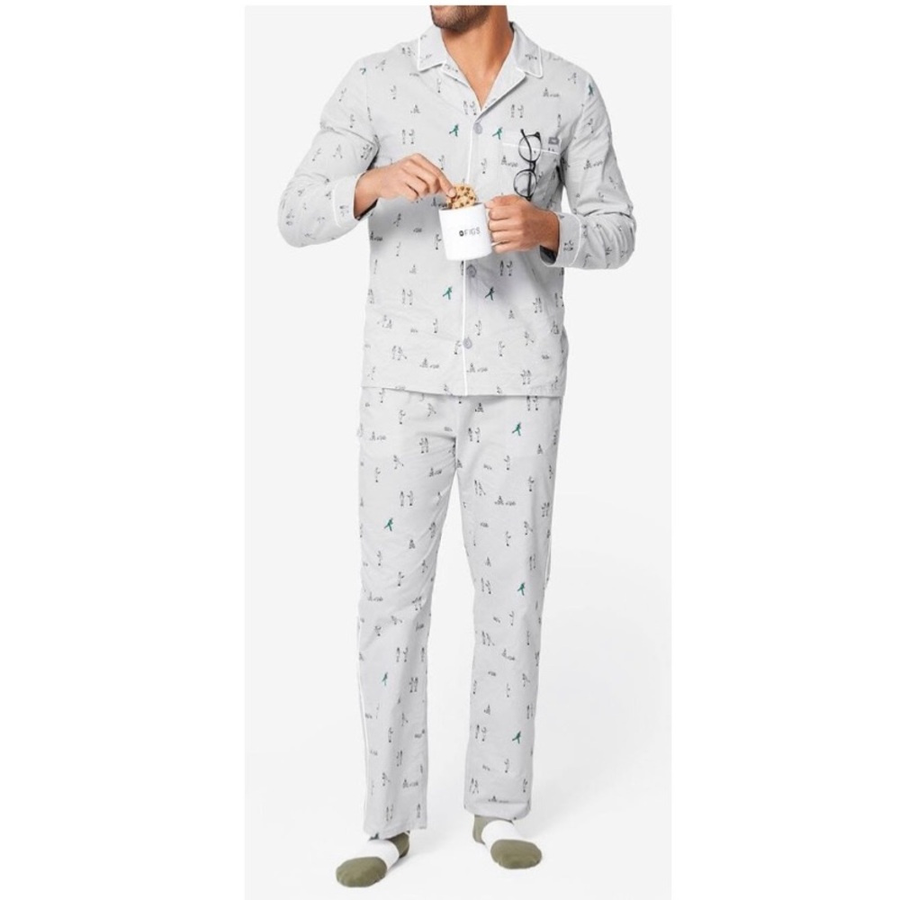 FIGS Men's Gray Loungewear Poplin Pajamas All-Over Print Lounge Pants Size Large
